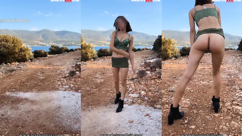Letsnudeit dağ patikasında yeşil mini eteğini indirip götünü sergiliyor